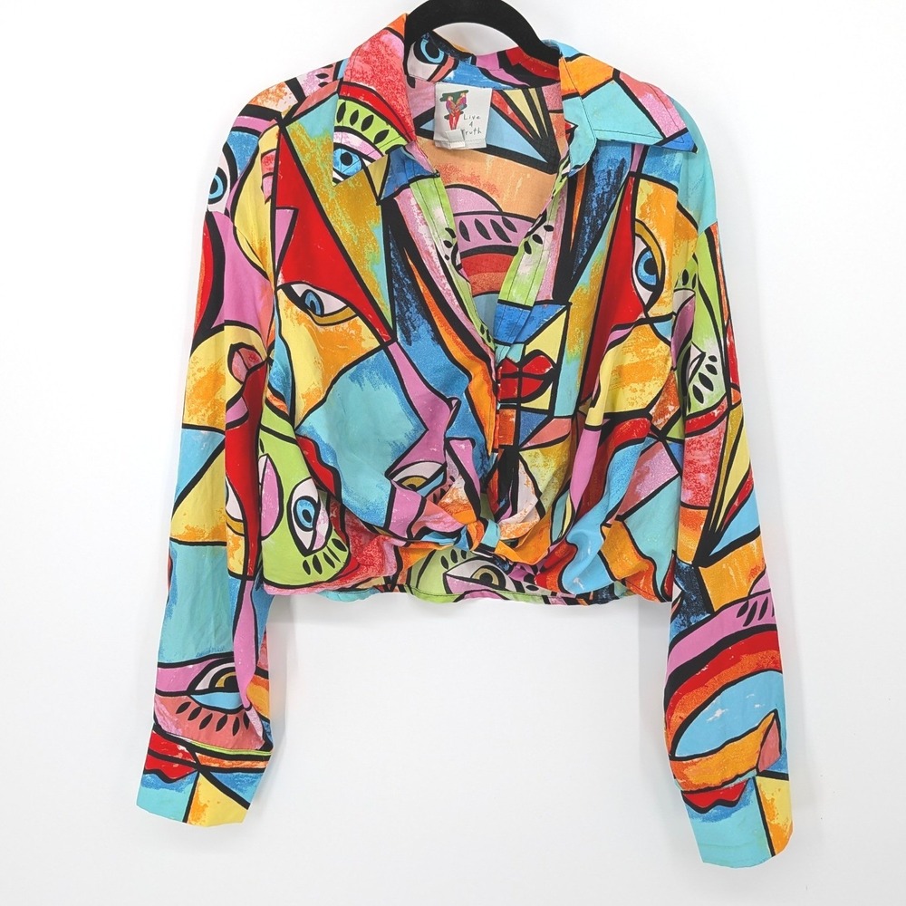 Live 4 Truth Abstract Blouse Women XL Multicolor Pop Art Deco Cropped Maximalist